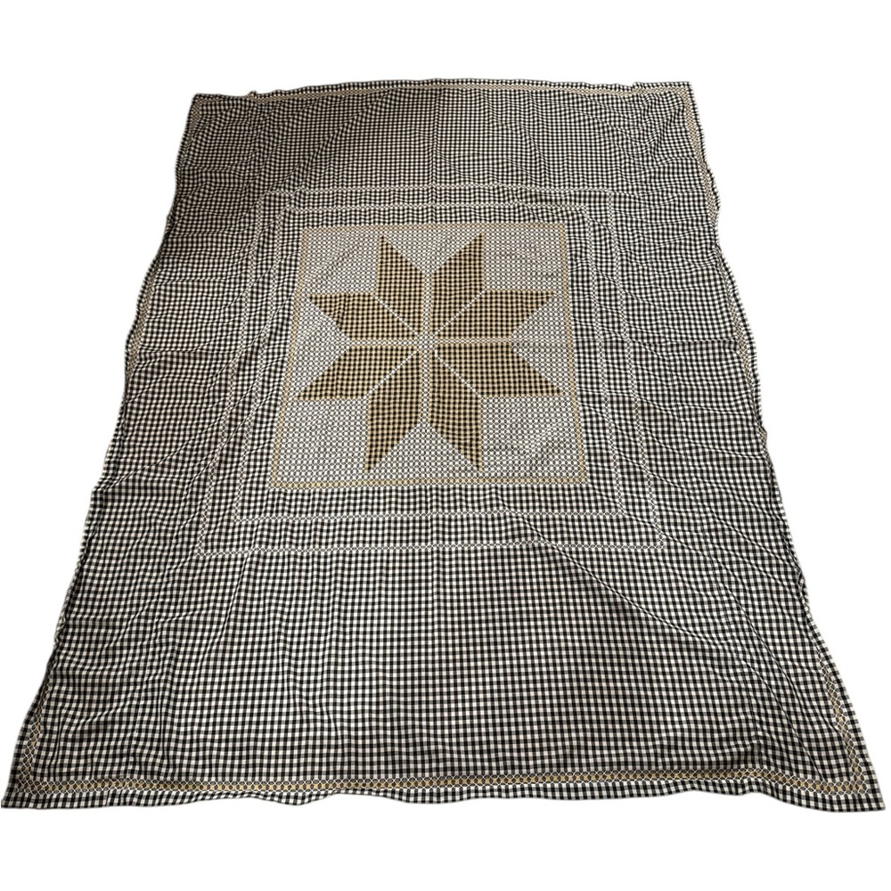 Gorgeous Black White Yellow Handmade Vintage Gingham Star Tablecloth 59.5” X 79”
